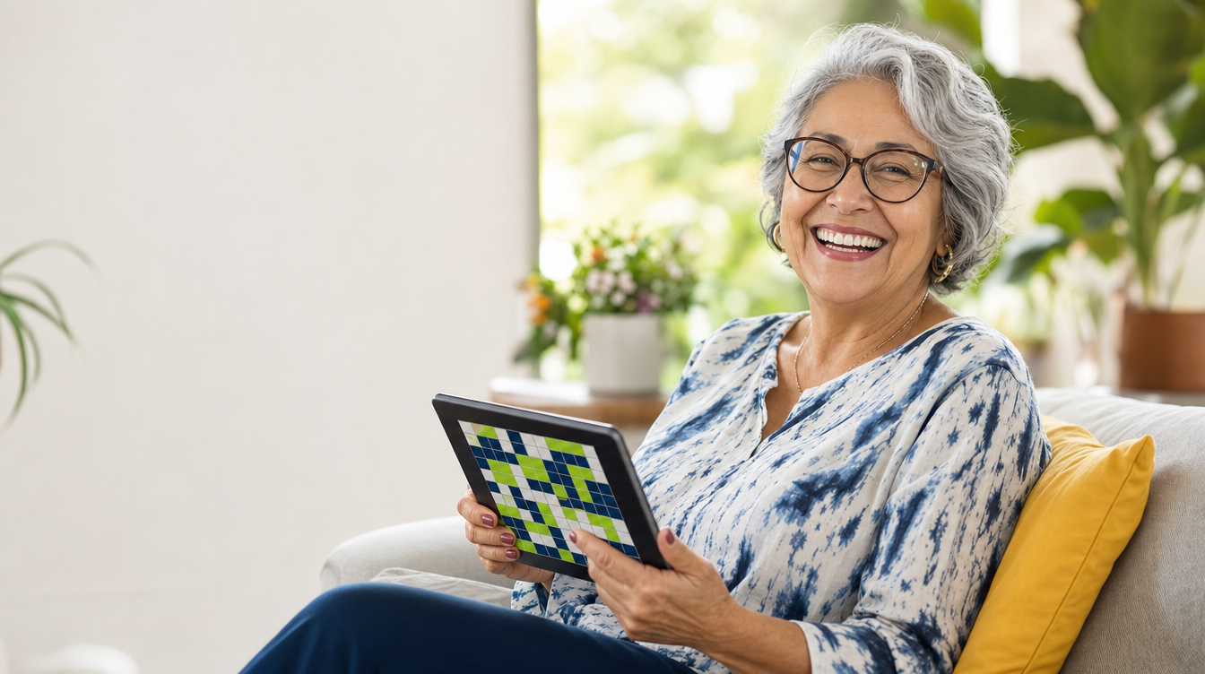 Senhora sorrindo enquanto resolve um passatempo no tablet