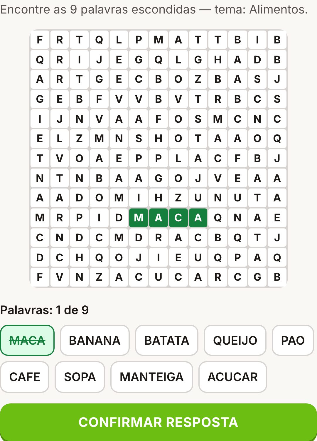 Tela do jogo Caça-palavras no nível Desafiador